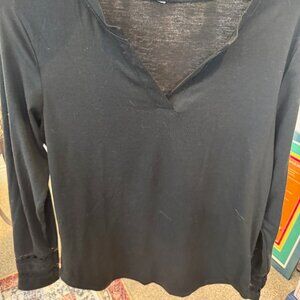 Black, V Neck, Long Sleeve Tee with Embroidery on Wrists